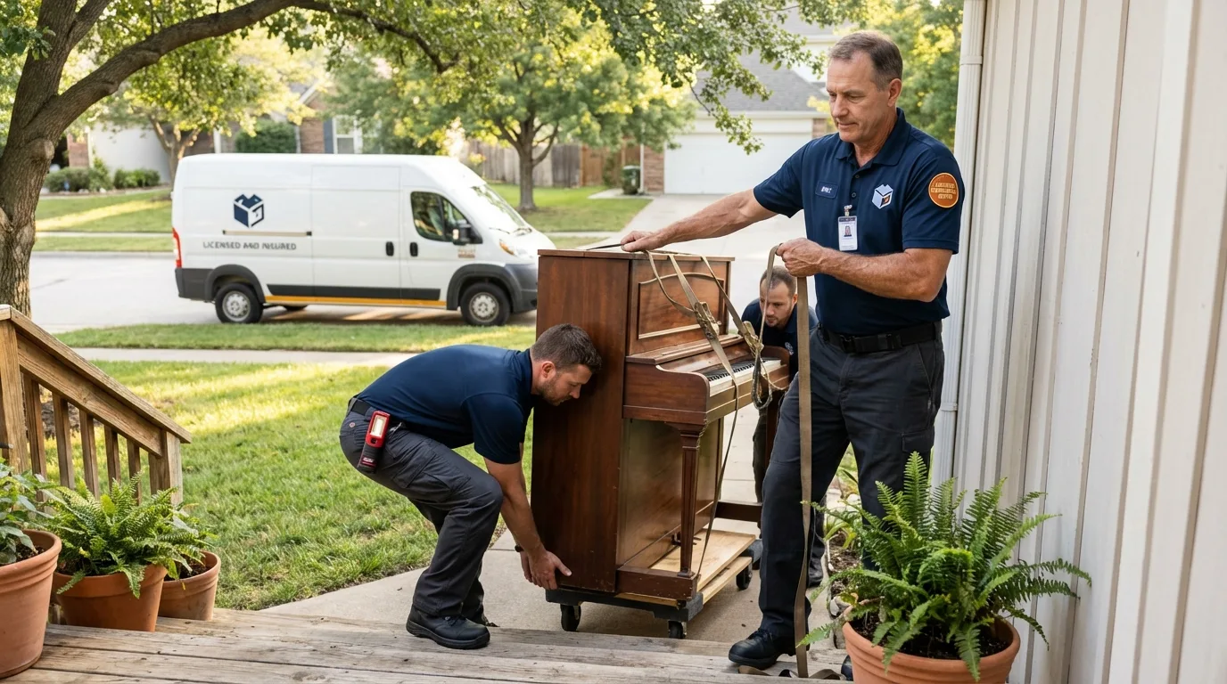 Licensed piano movers securing grand piano in Riverside, CA