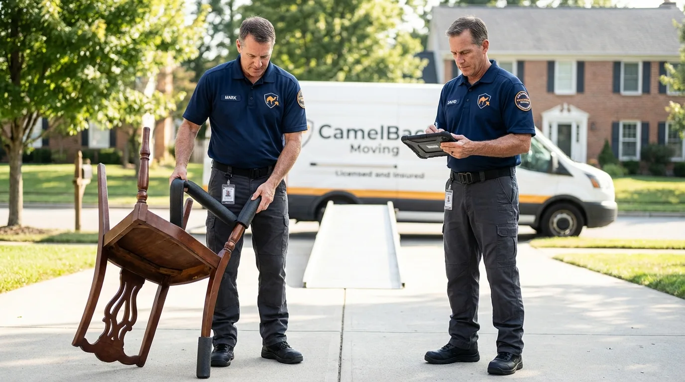 Movers inspecting furniture for damage prevention before loading in Riverside, CA