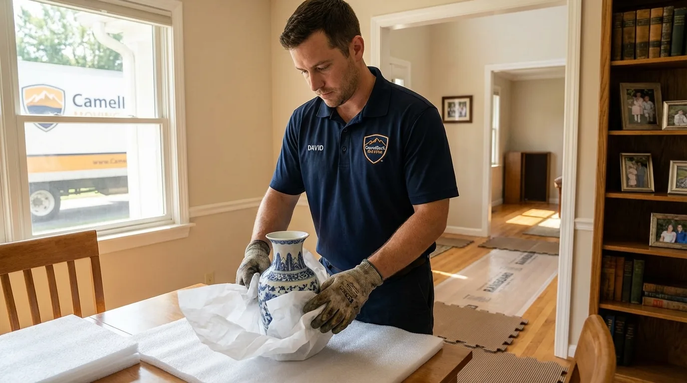 Professional crew carefully wrapping antique vase for senior downsizing move in Riverside, CA